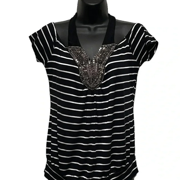 ❤️ 2/$11 Bebe Y2K Bead Embellished Halter Black White Striped Womens Top size XS - Picture 8 of 8